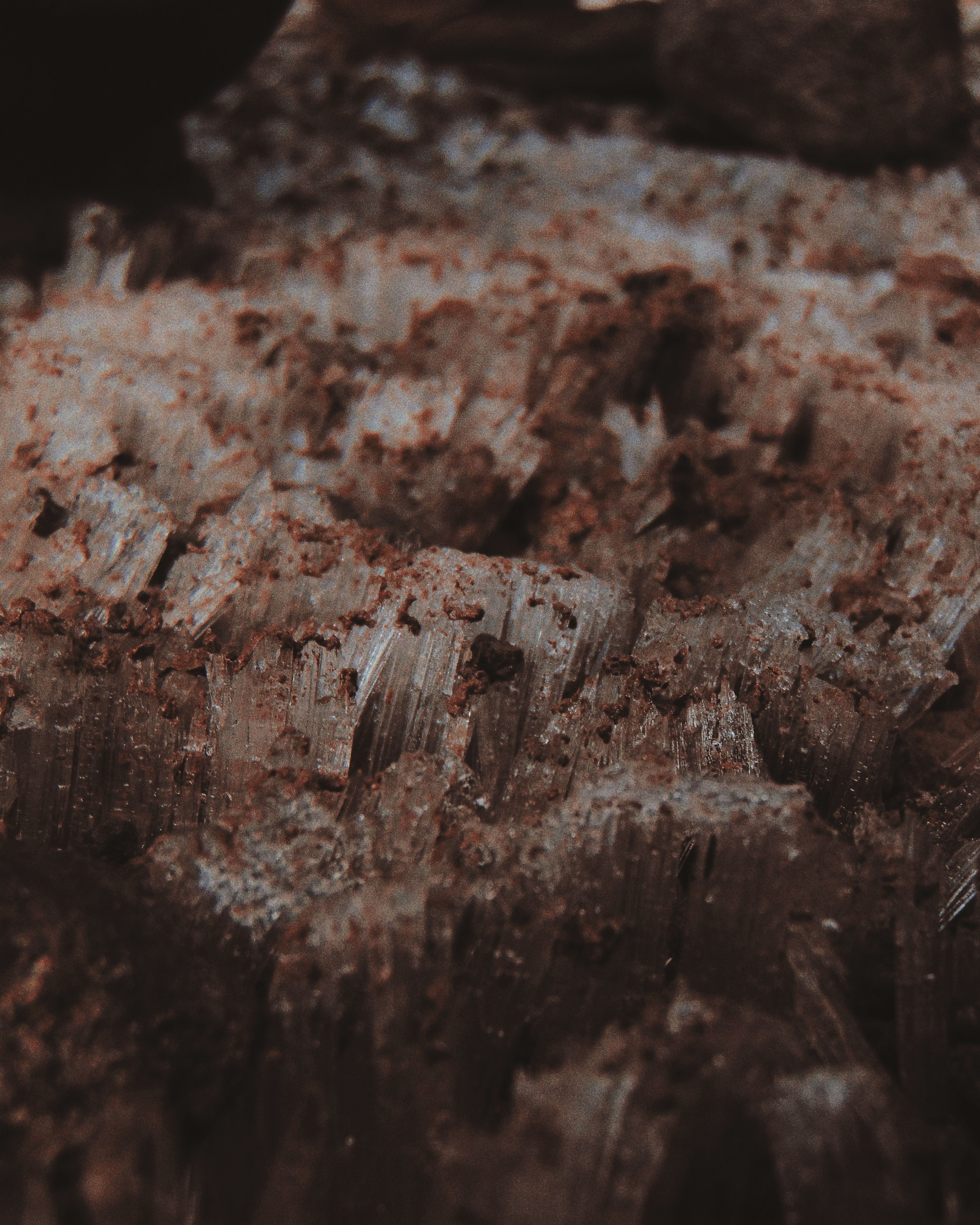 Macro of clear needle-like crystals dusted with reddish-brown mineral